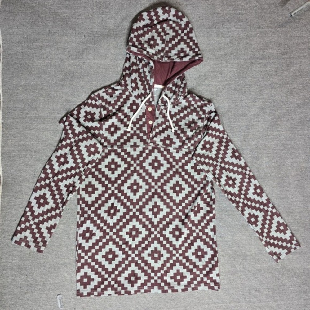 Arizona Jean Co‎ Mens Geometric Henley Hoodie Burgundy Grey Southwestern Print M